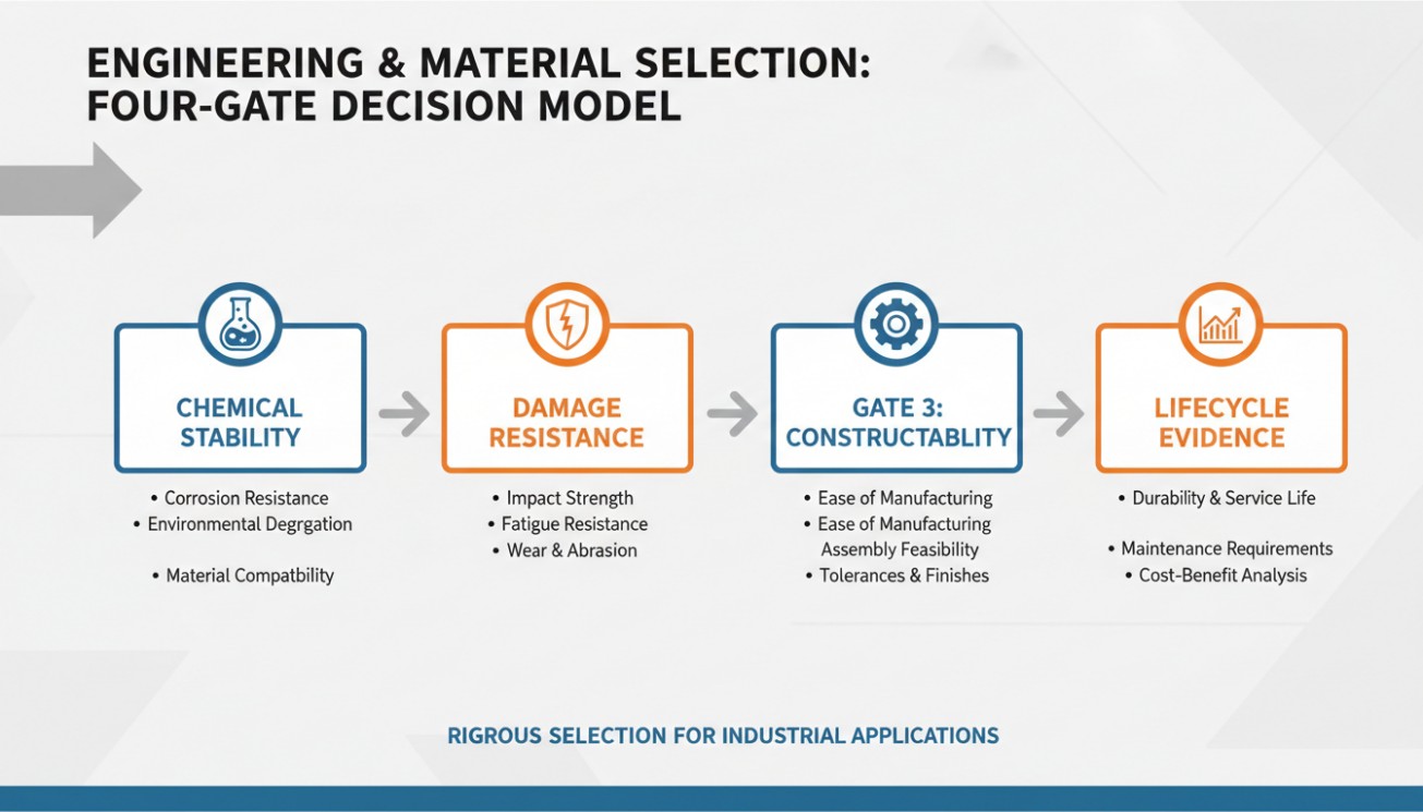 Four-gate refractory material selection model covering chemical stability, damage resistance, constructability and lifecycle evidence